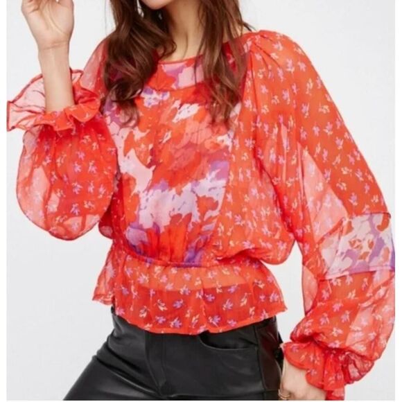 Free People Ruffle Sheer Floral Blouse - Picture 1 of 6